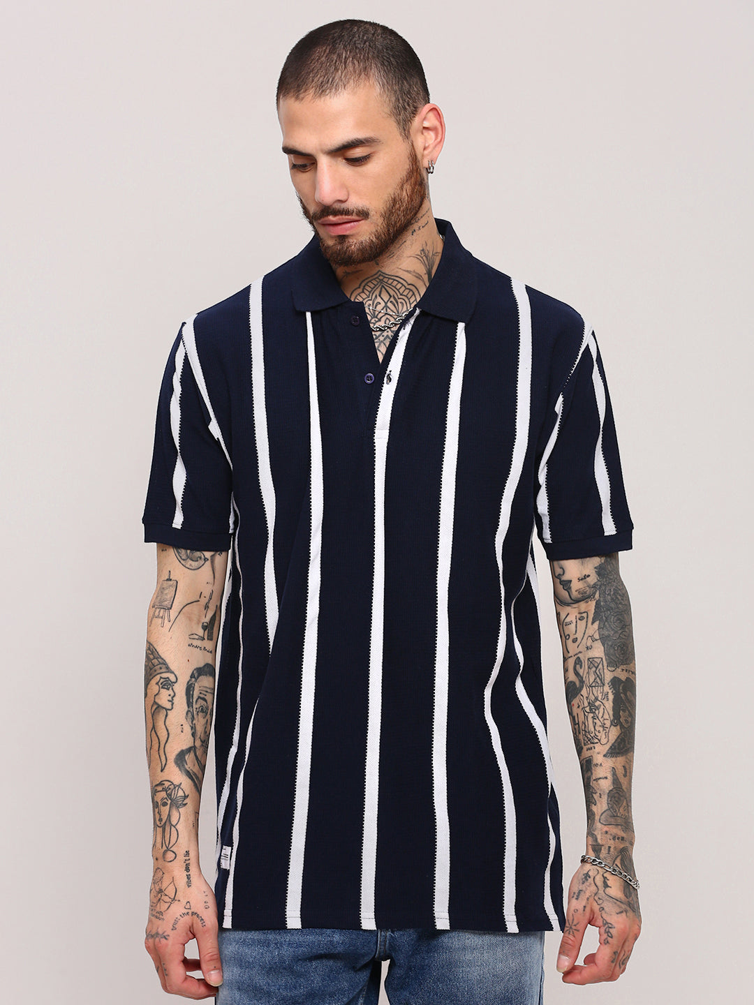 Men Navy Blue Striped T Shirt