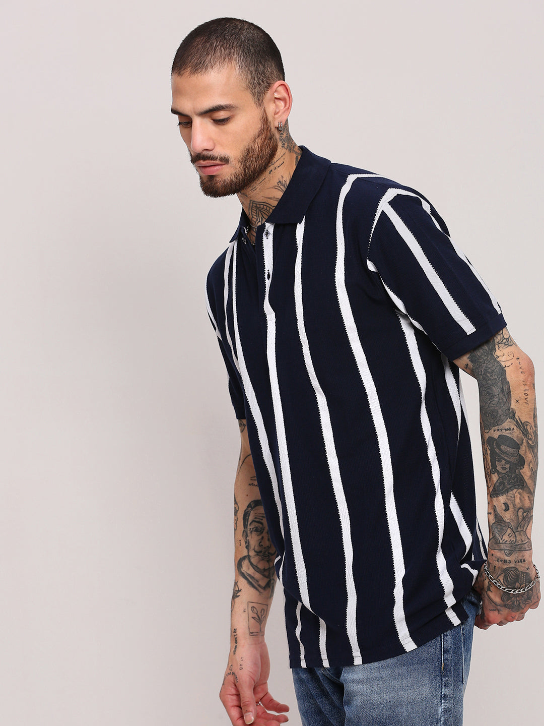 Men Navy Blue Striped T Shirt