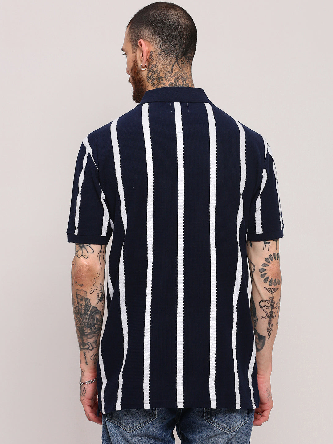 Men Navy Blue Striped T Shirt