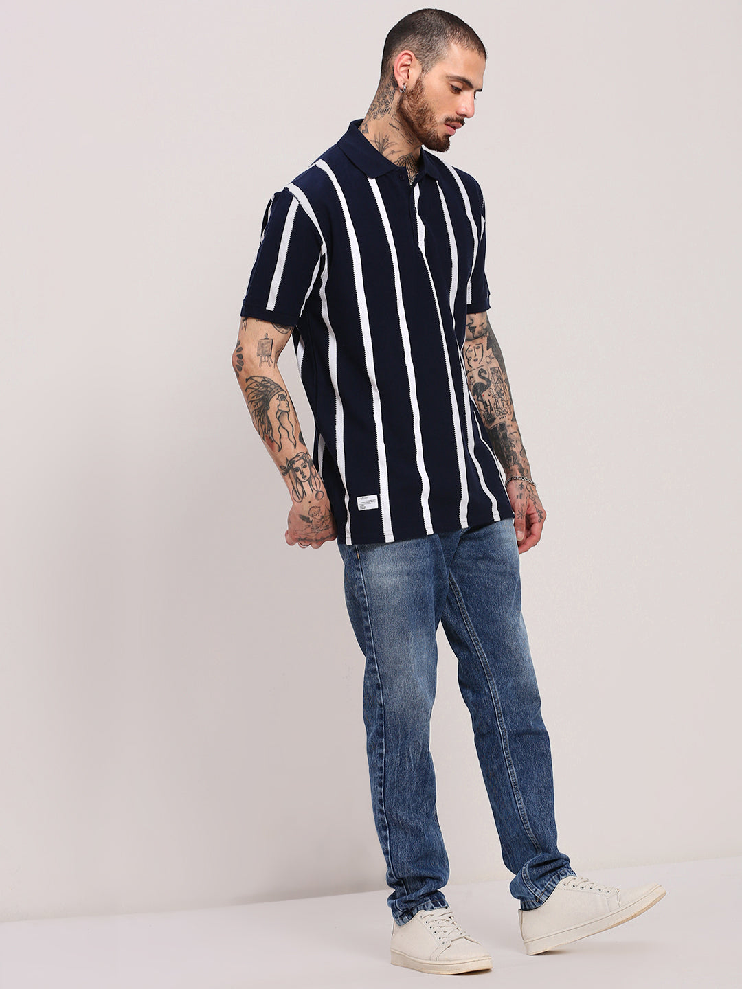 Men Navy Blue Striped T Shirt