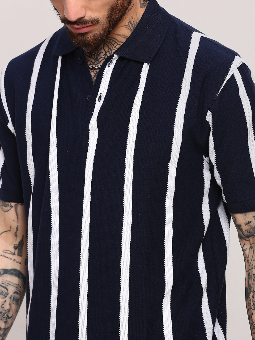 Men Navy Blue Striped T Shirt