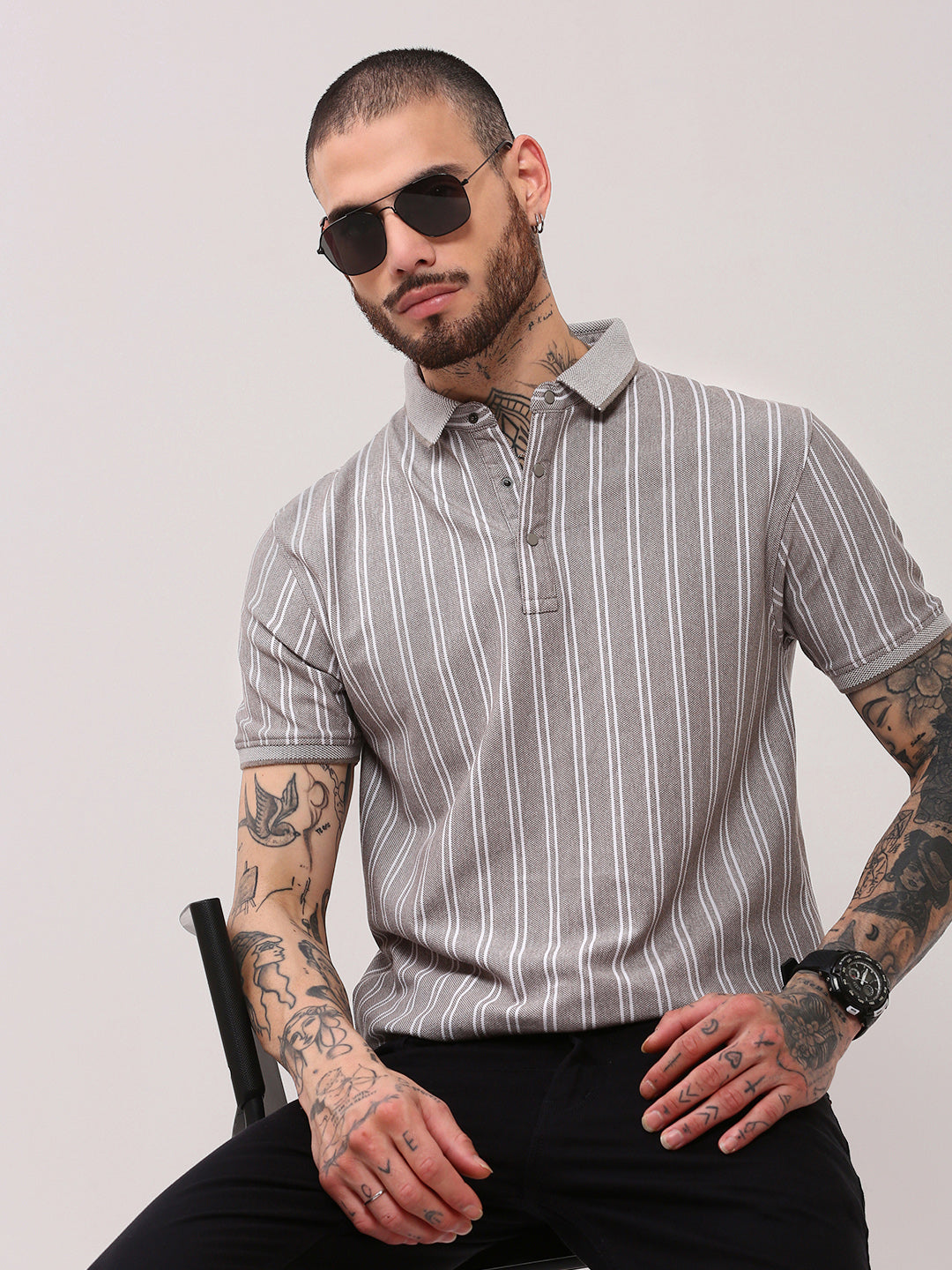 Men Grey Striped T Shirt