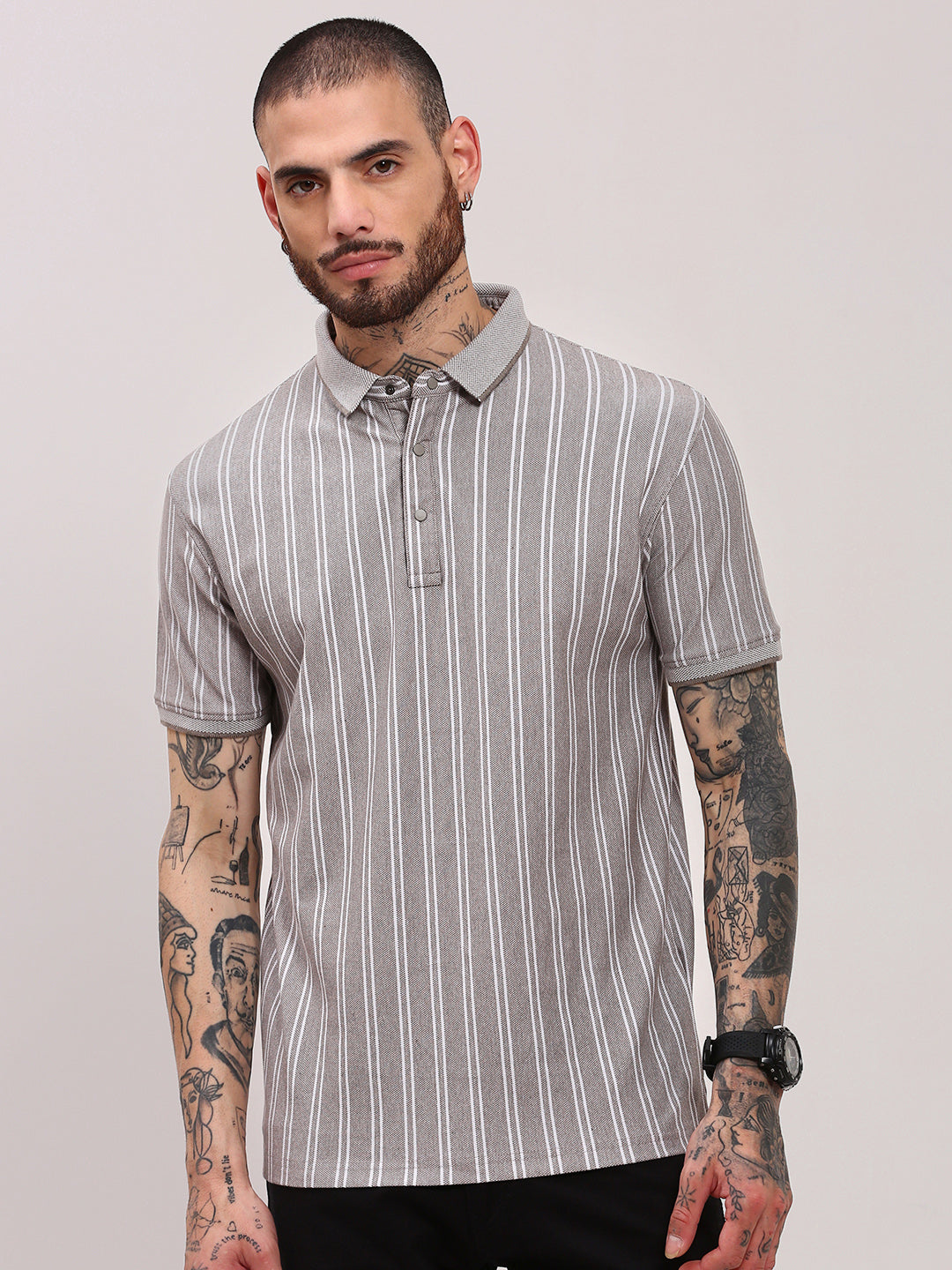 Men Grey Striped T Shirt