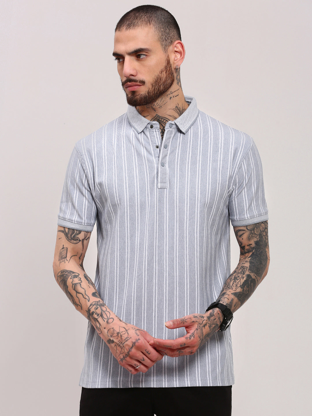 Men Grey Striped T Shirt