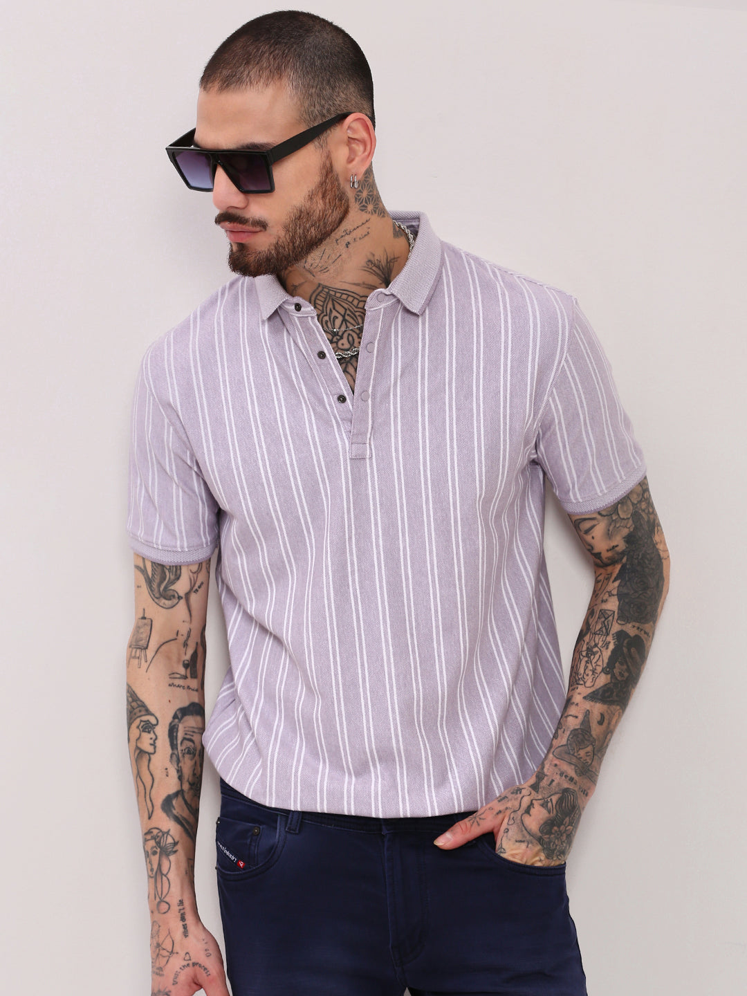 Men Purple Striped T Shirt