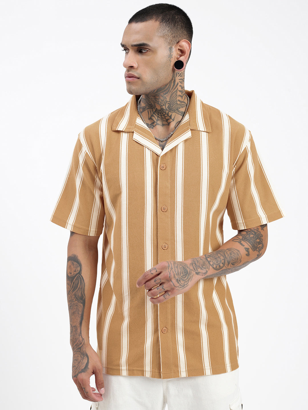 Men Striped Beige Relaxed Fit Shirt