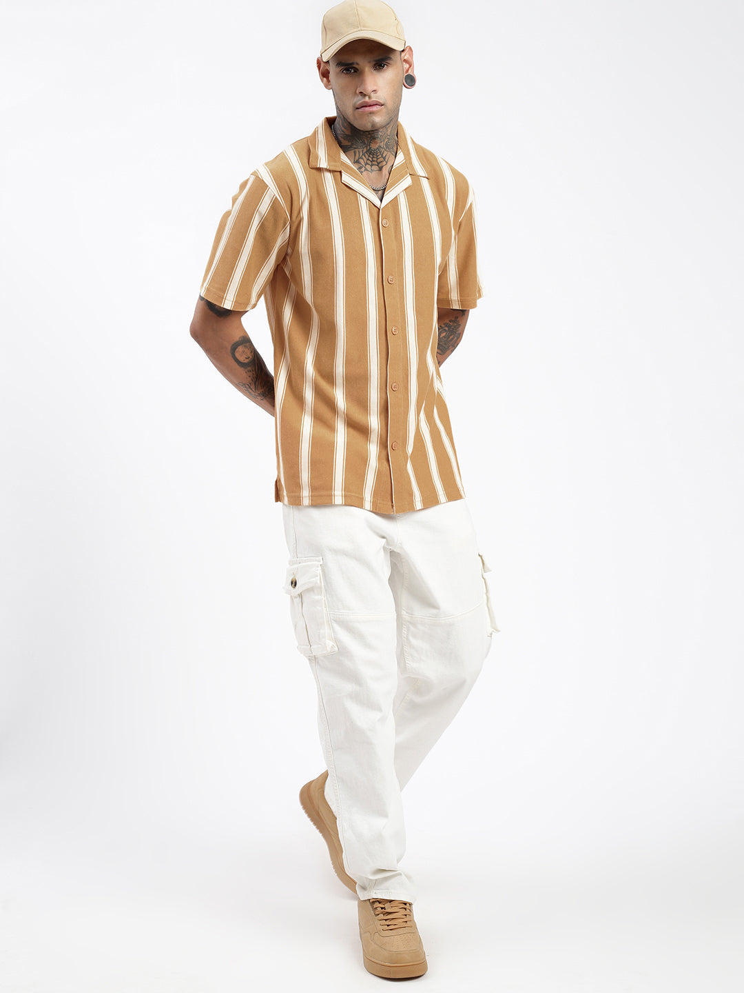 Men Striped Beige Relaxed Fit Shirt