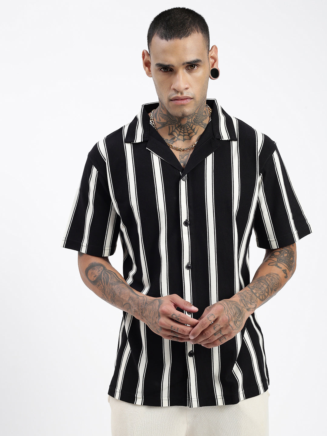 Men Striped Black Relaxed Fit Shirt