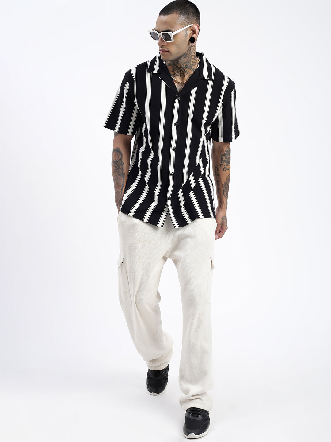 Men Striped Black Relaxed Fit Shirt