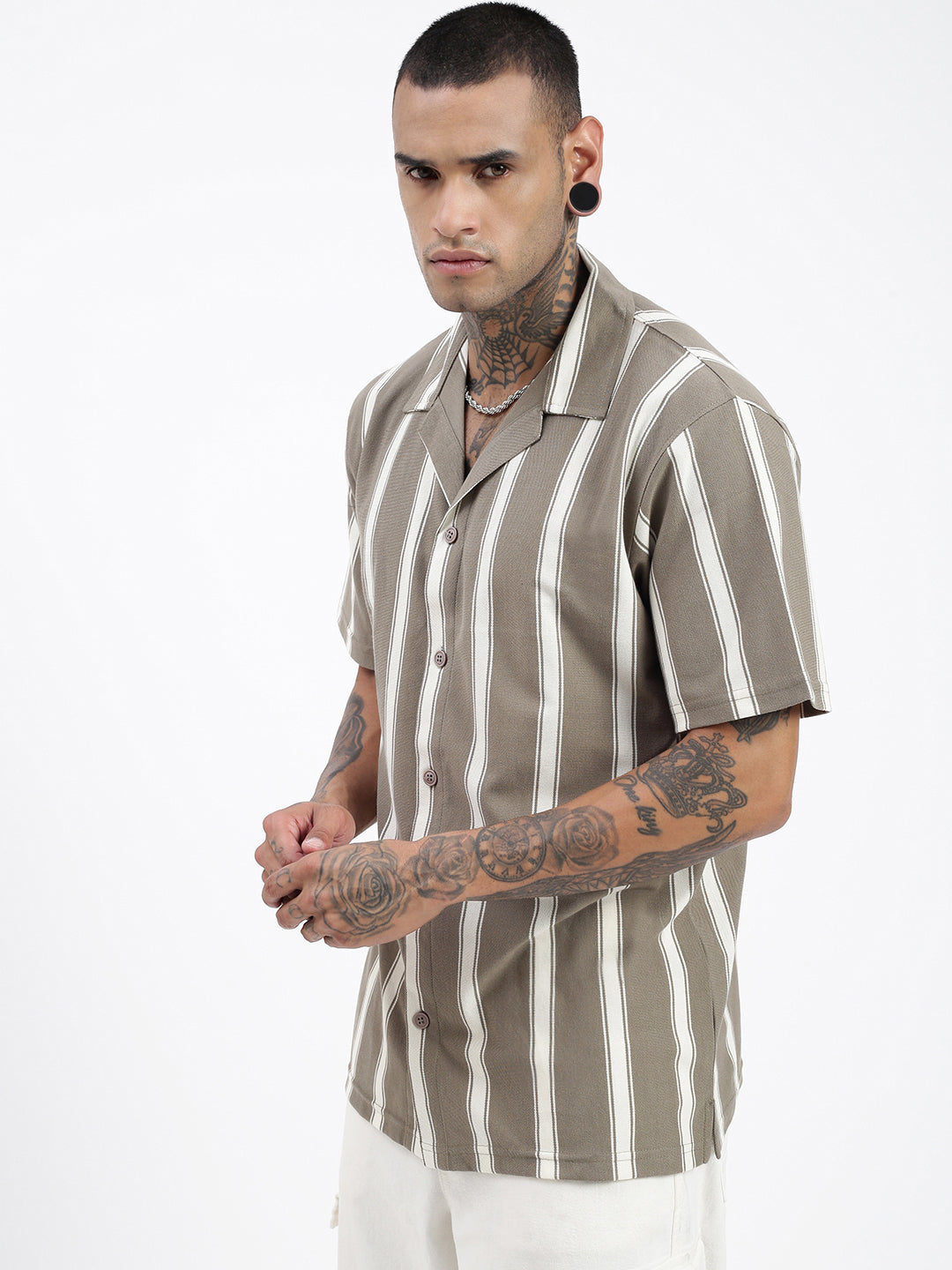 Men Striped Olive Relaxed Fit Shirt