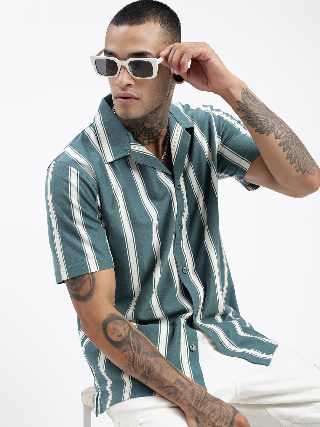 Men Striped Teal Relaxed Fit Shirt