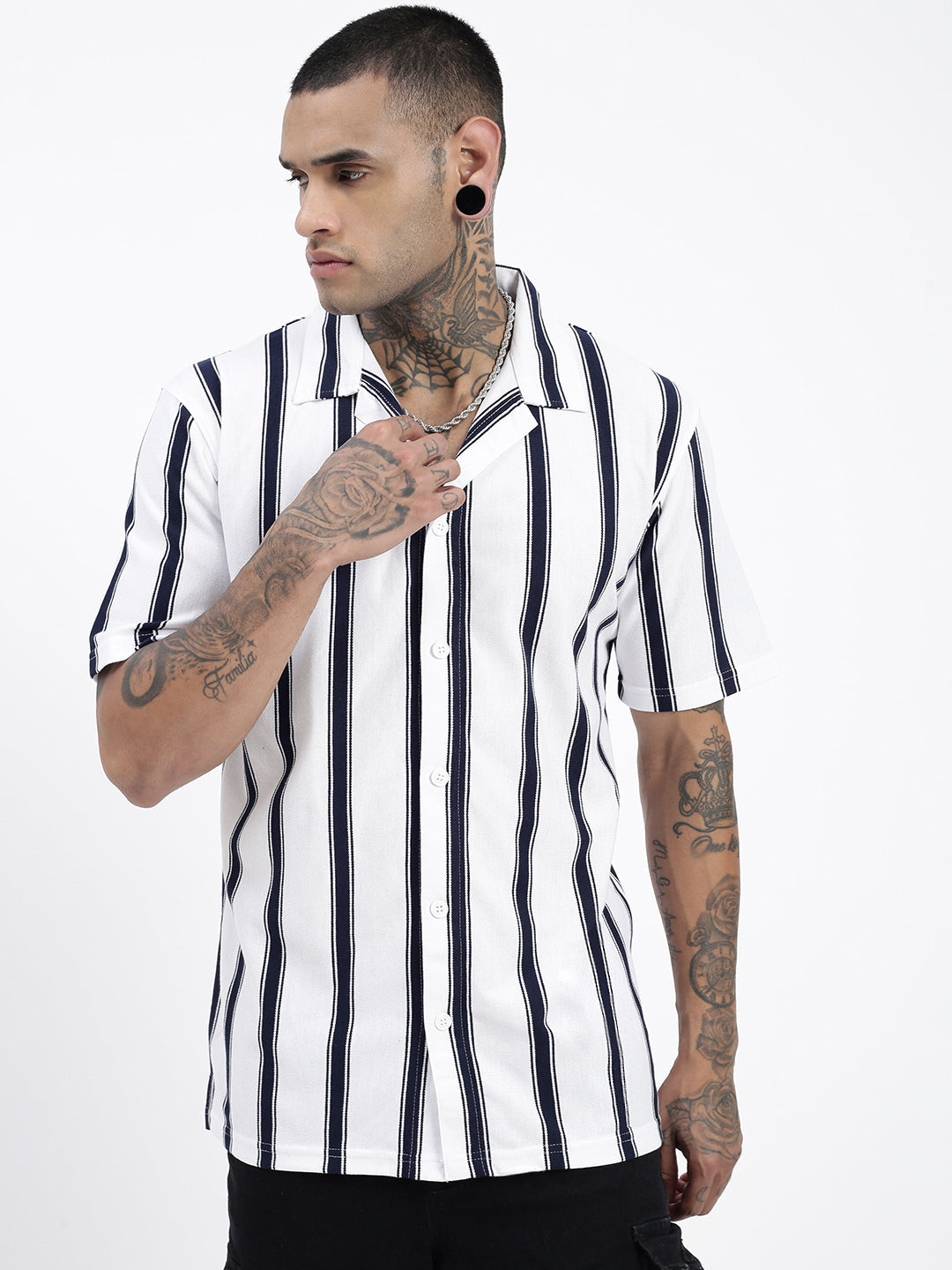 Men Striped White Relaxed Fit Shirt