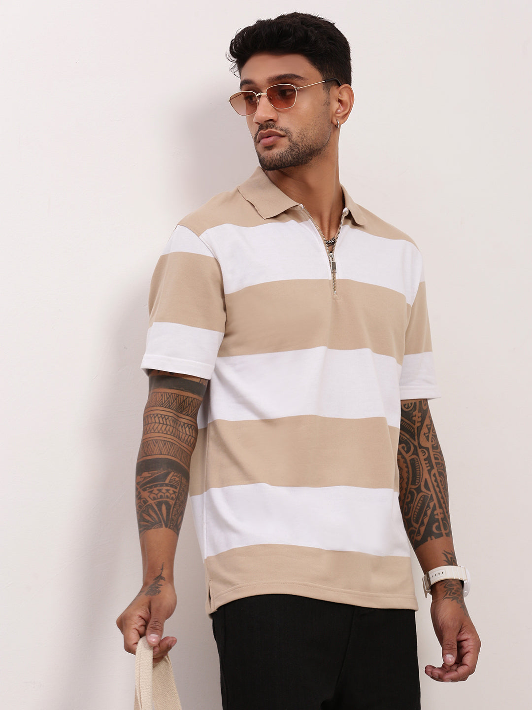 Men Beige Striped T Shirt