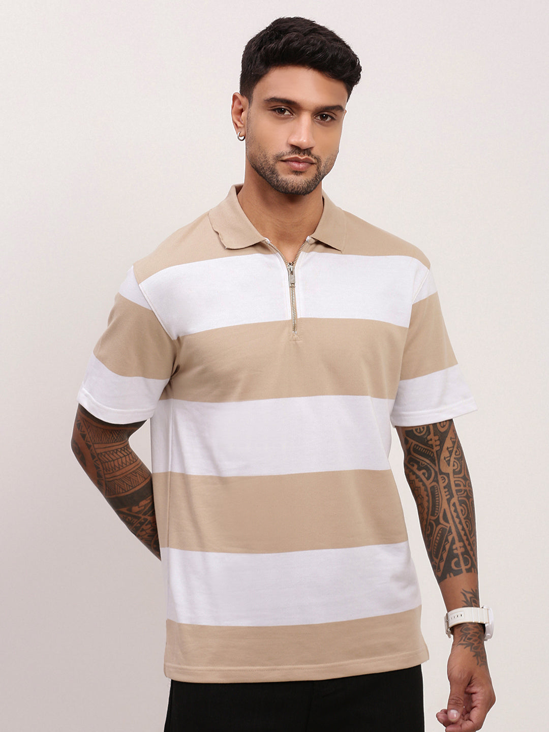 Men Beige Striped T Shirt