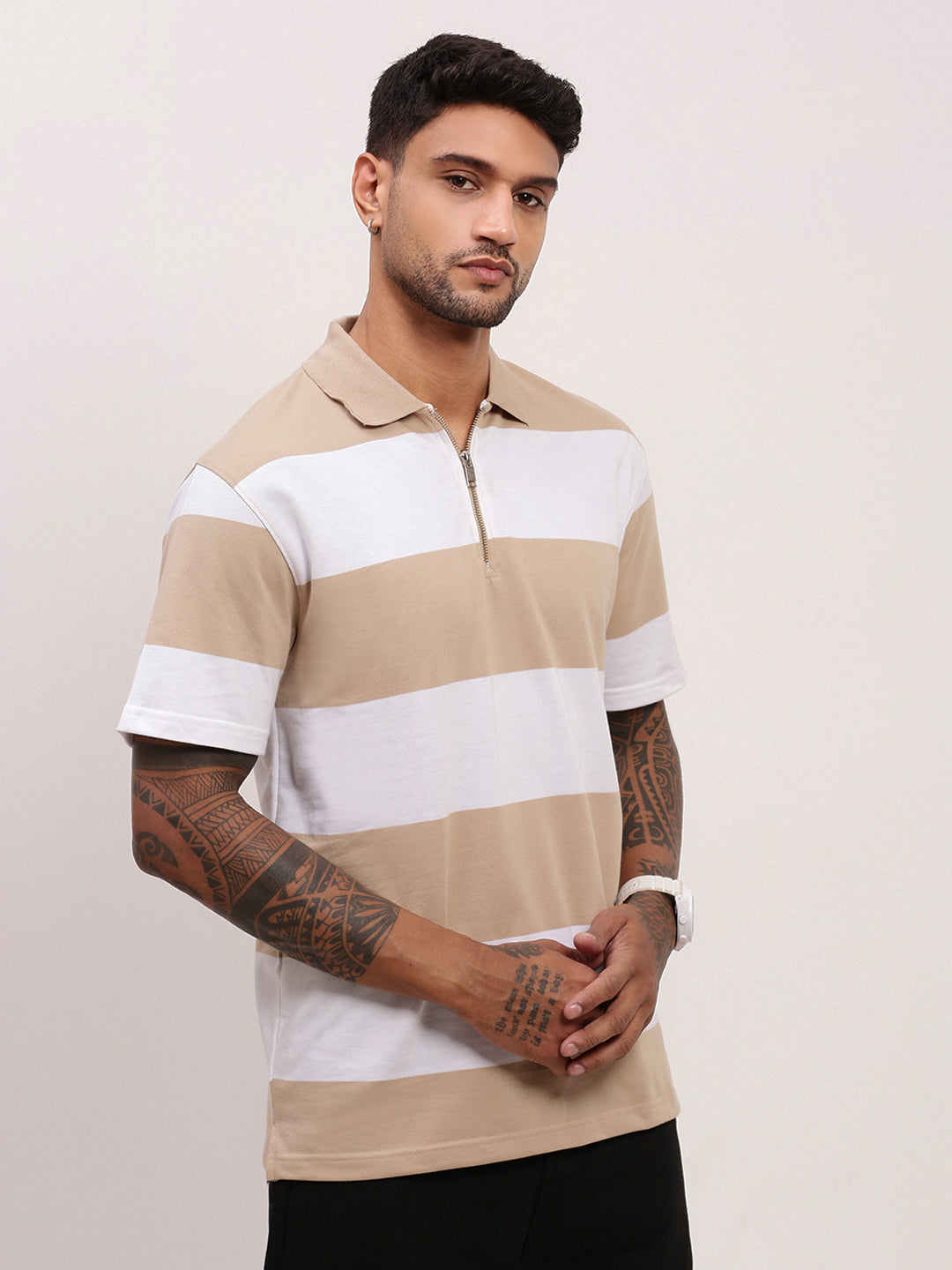 Men Beige Striped T Shirt