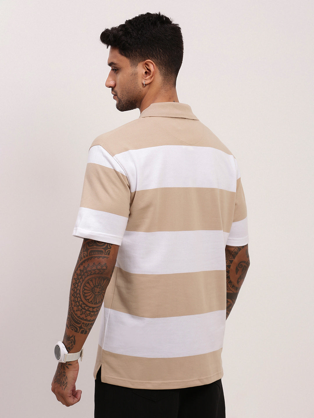 Men Beige Striped T Shirt