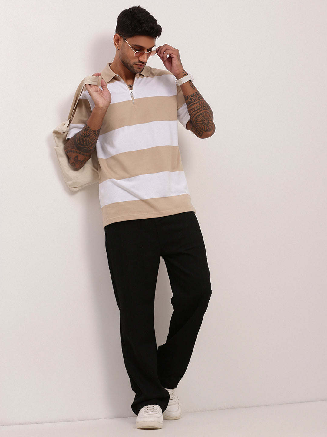 Men Beige Striped T Shirt