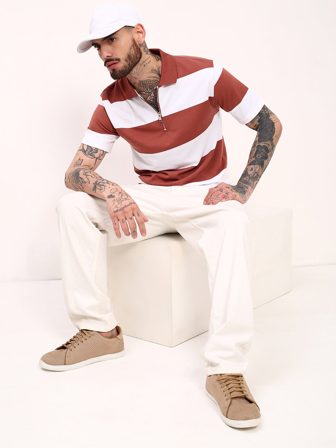 Men Brown Striped T Shirt