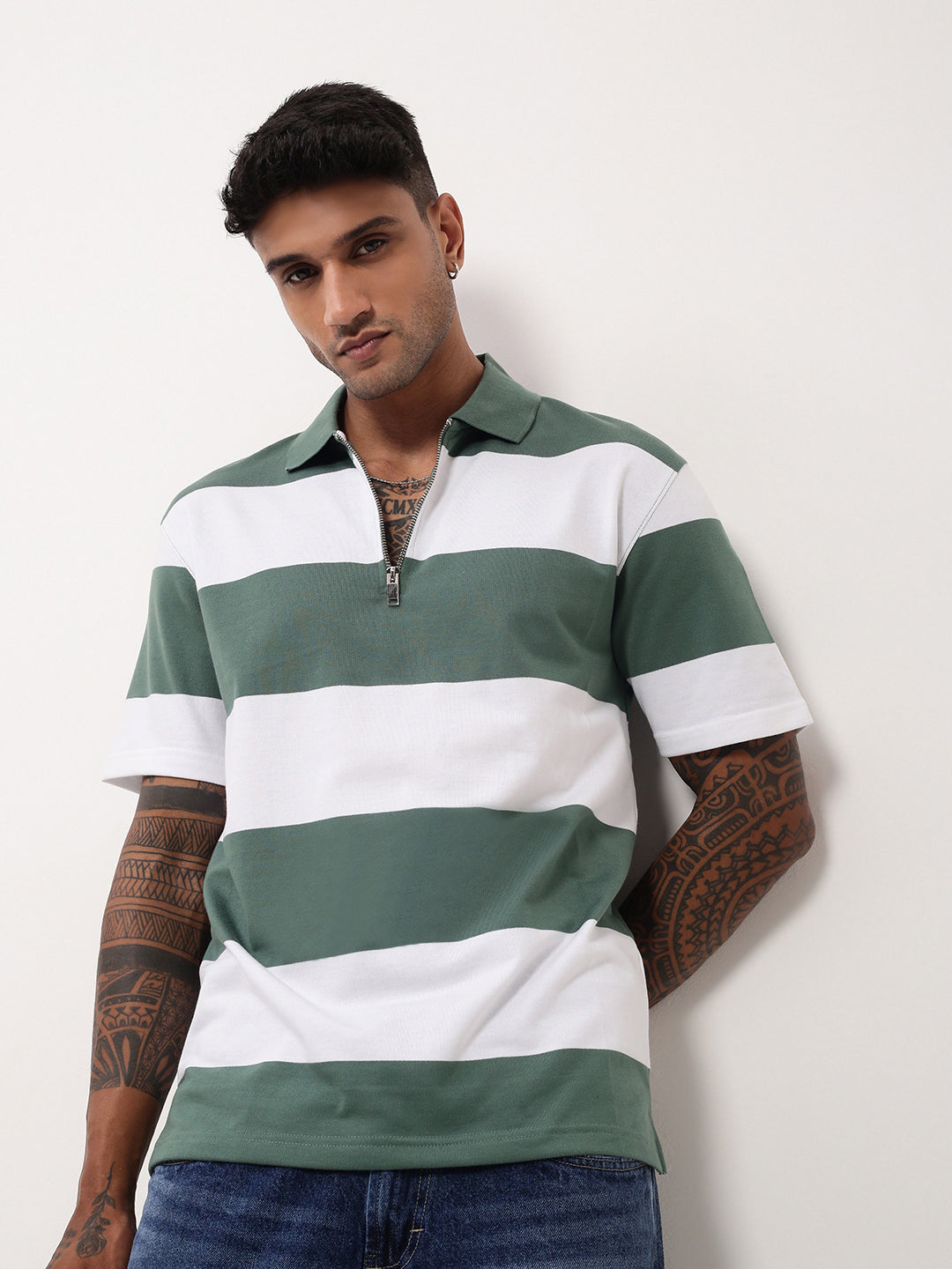 Buy Men's Green Striped Polo Collar T-Shirt Online Showoffff