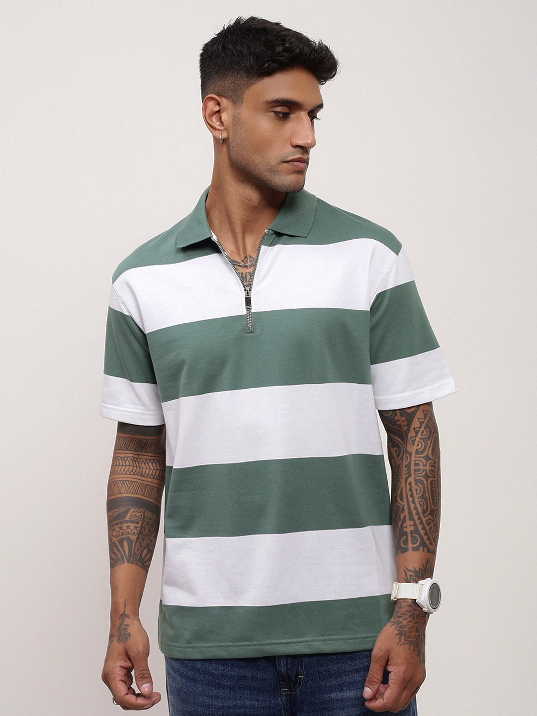 Men Green Striped T Shirt