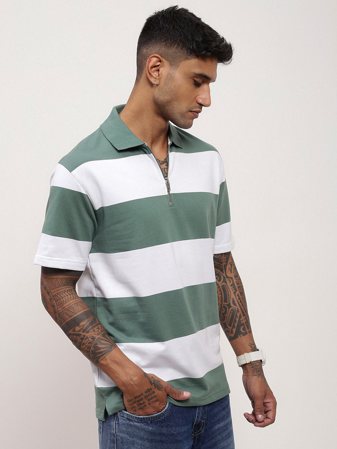 Men Green Striped T Shirt