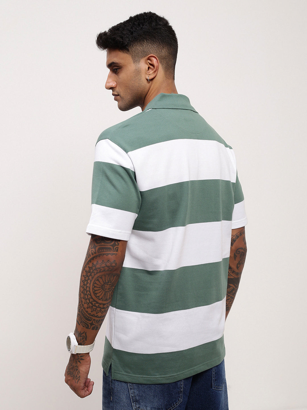 Men Green Striped T Shirt