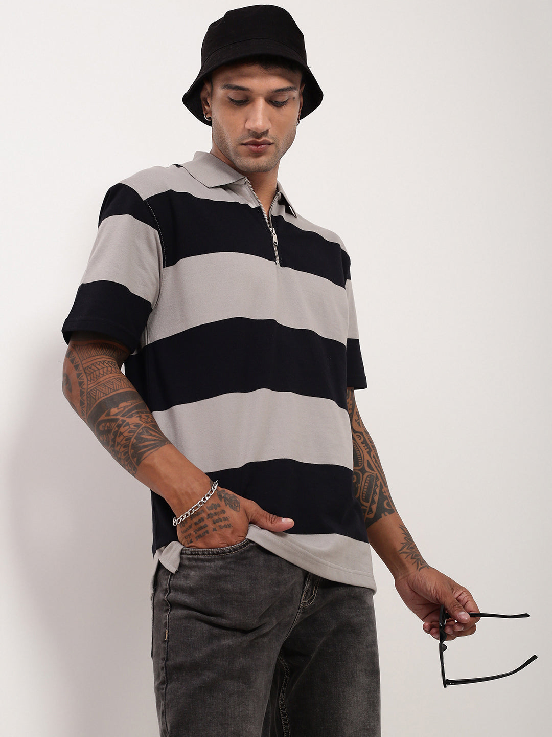 Buy Men's Grey Striped Polo Collar Cotton T-Shirt Online Showoffff