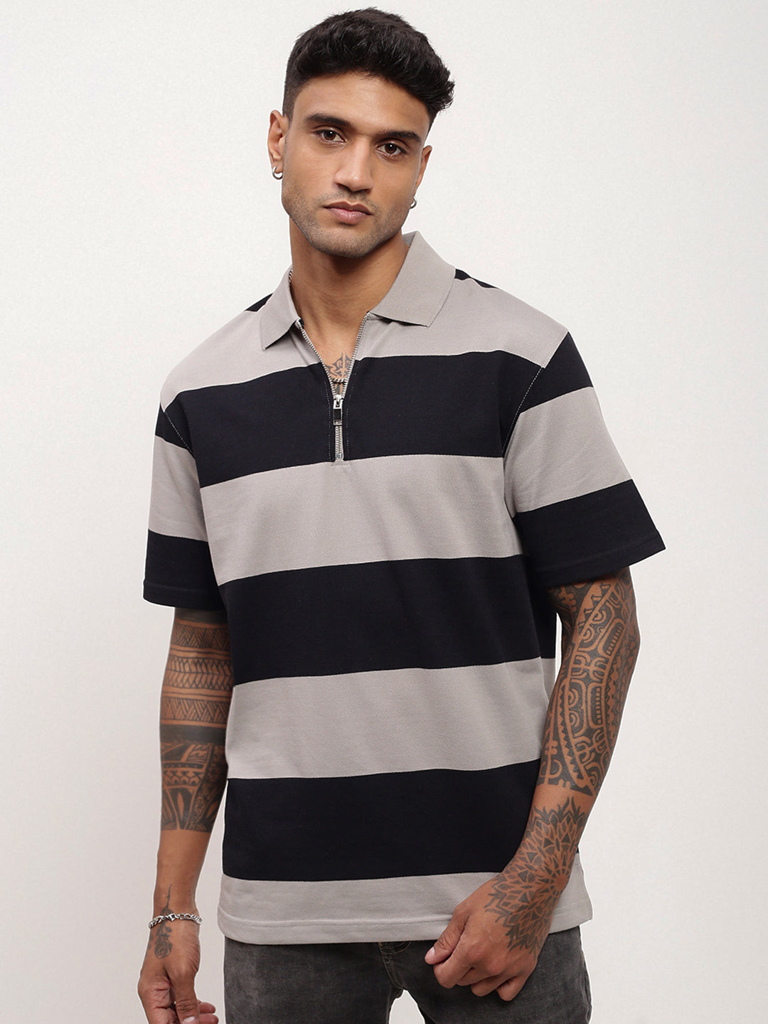 Men Grey Striped T Shirt