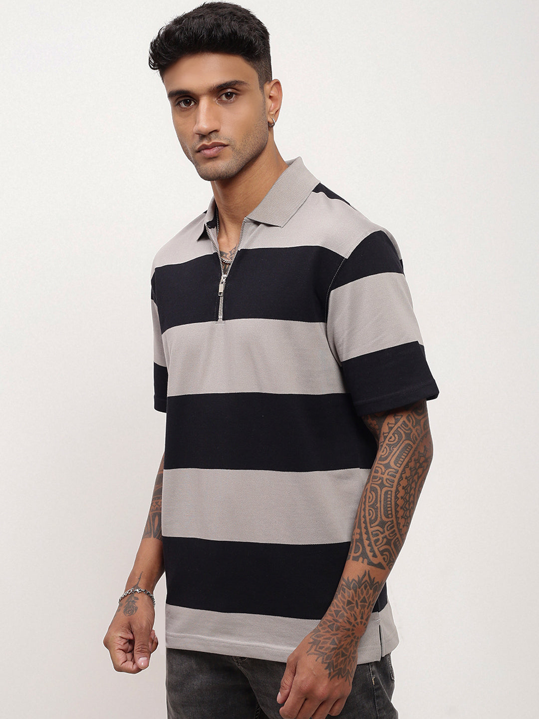 Men Grey Striped T Shirt