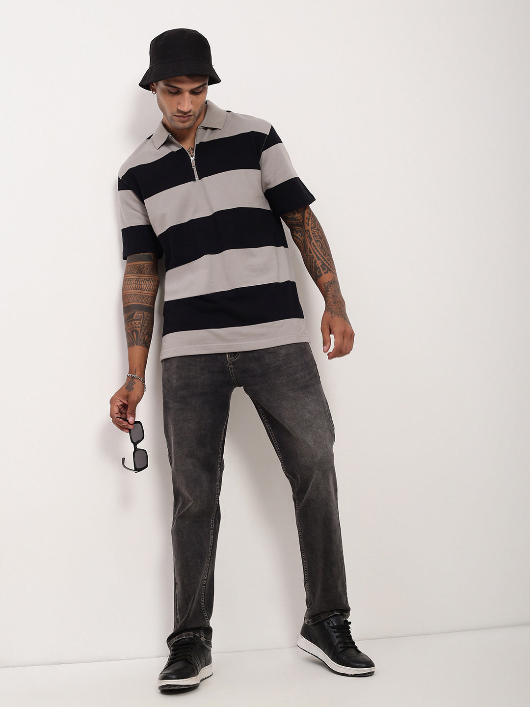 Men Grey Striped T Shirt