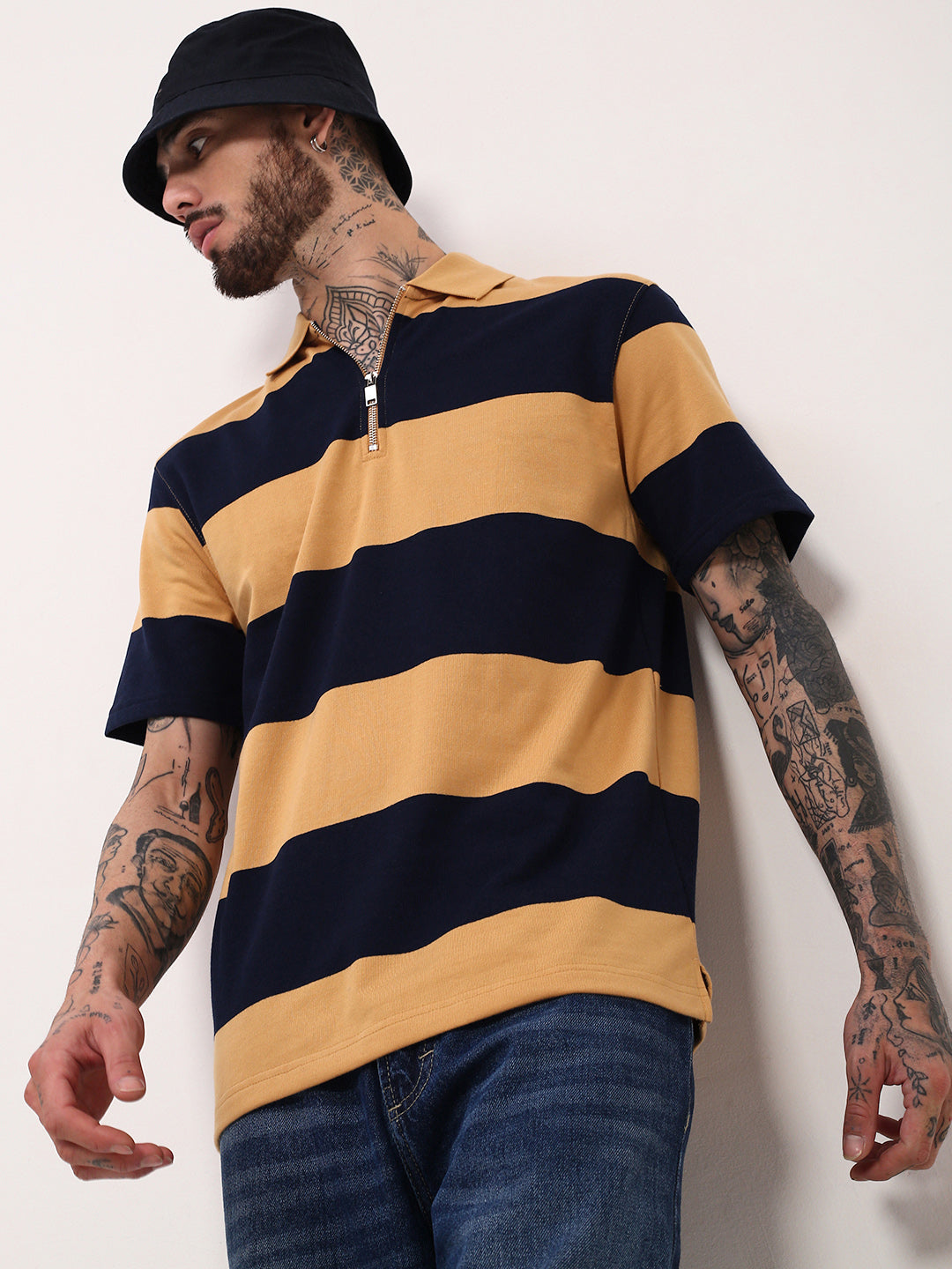 Men Mustard Striped T Shirt