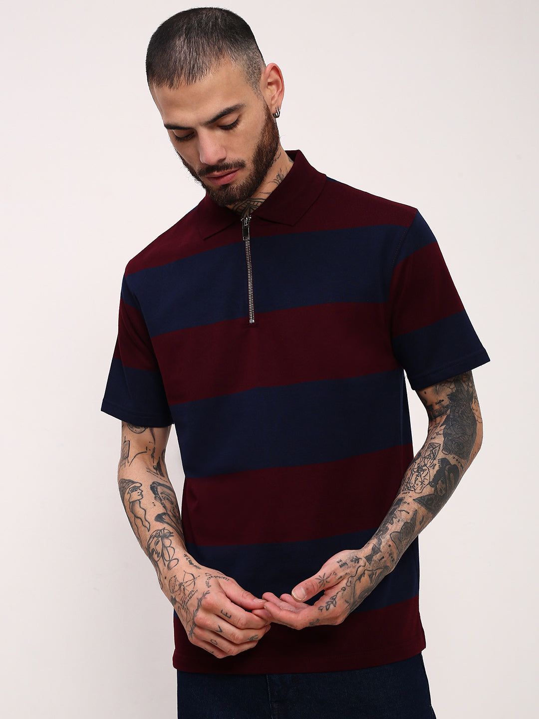 Men Navy Blue Striped T Shirt