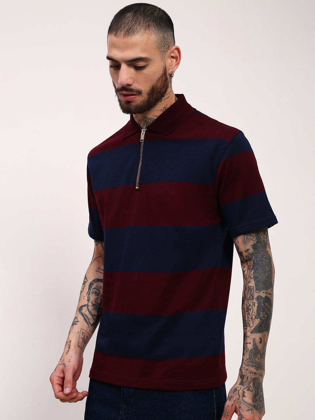 Men Navy Blue Striped T Shirt