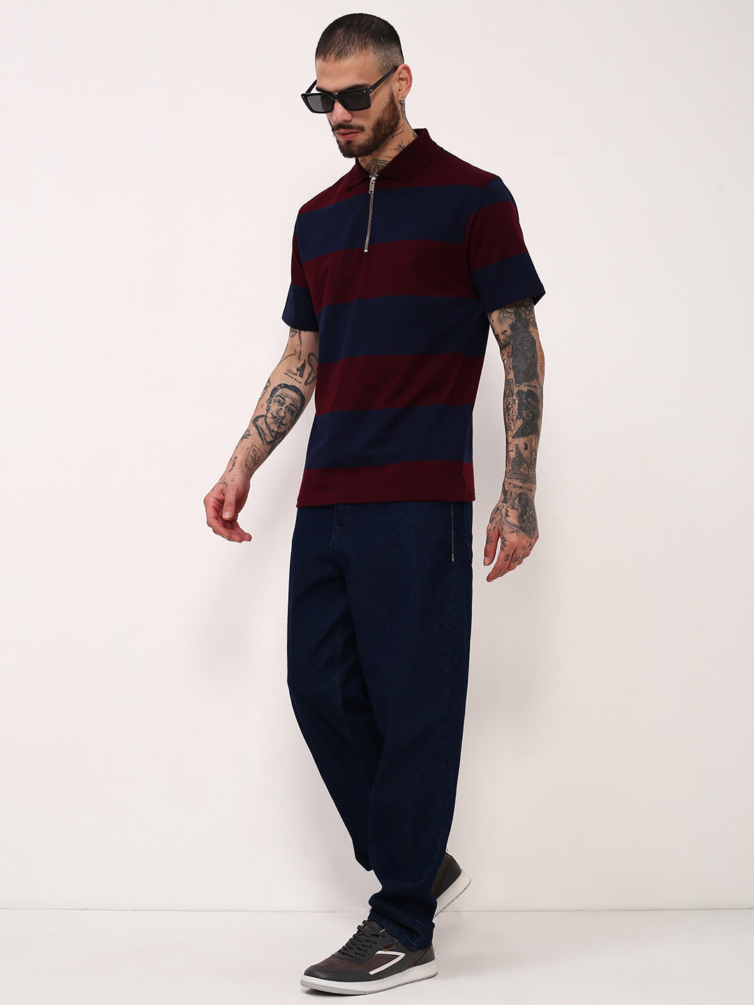 Men Navy Blue Striped T Shirt