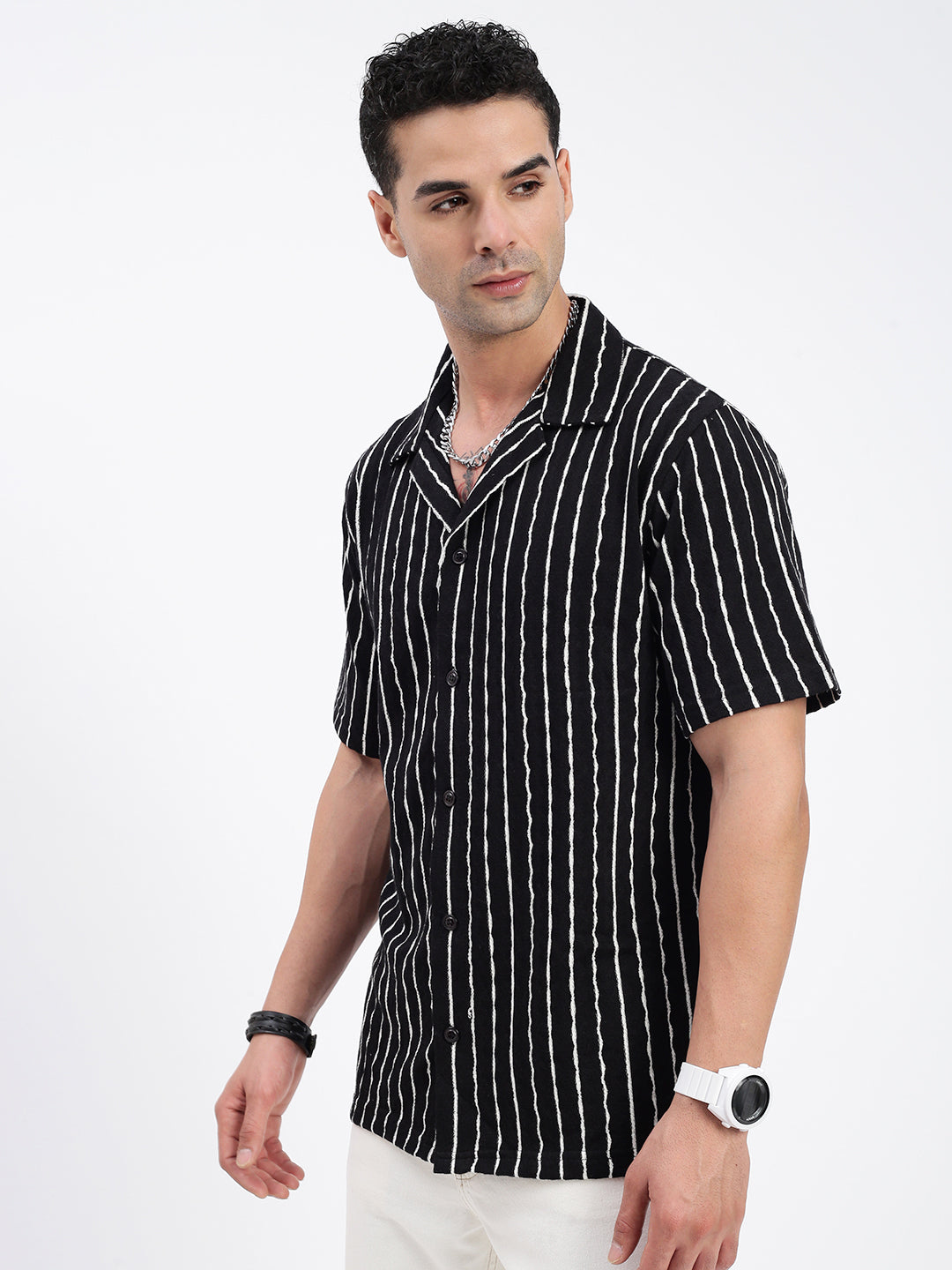 Men Striped Black Relaxed Fit Shirt