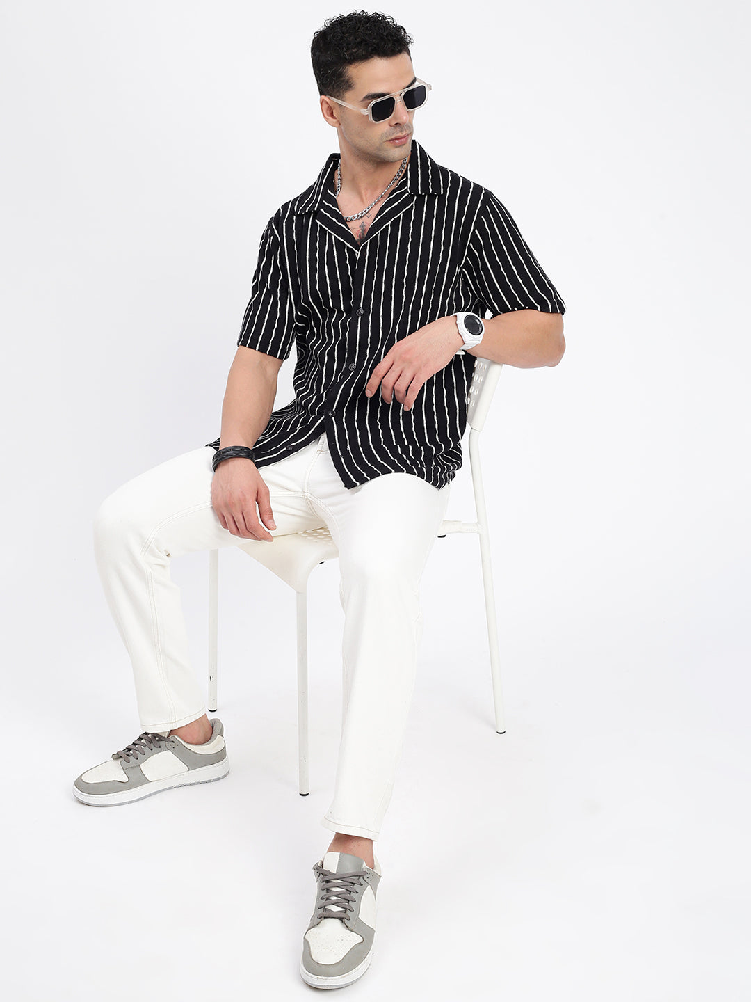 Men Striped Black Relaxed Fit Shirt