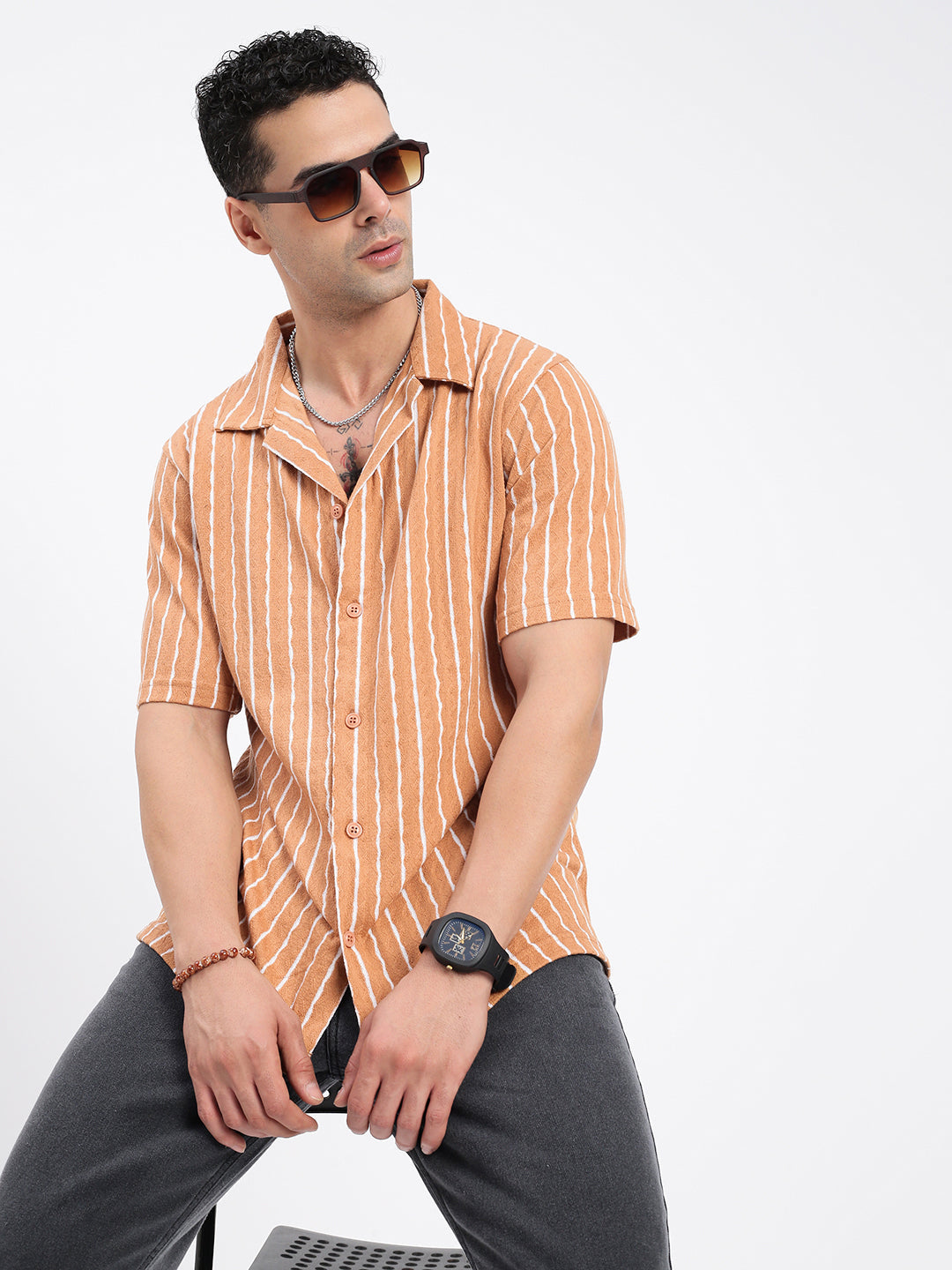 Men Striped Brown Relaxed Fit Shirt