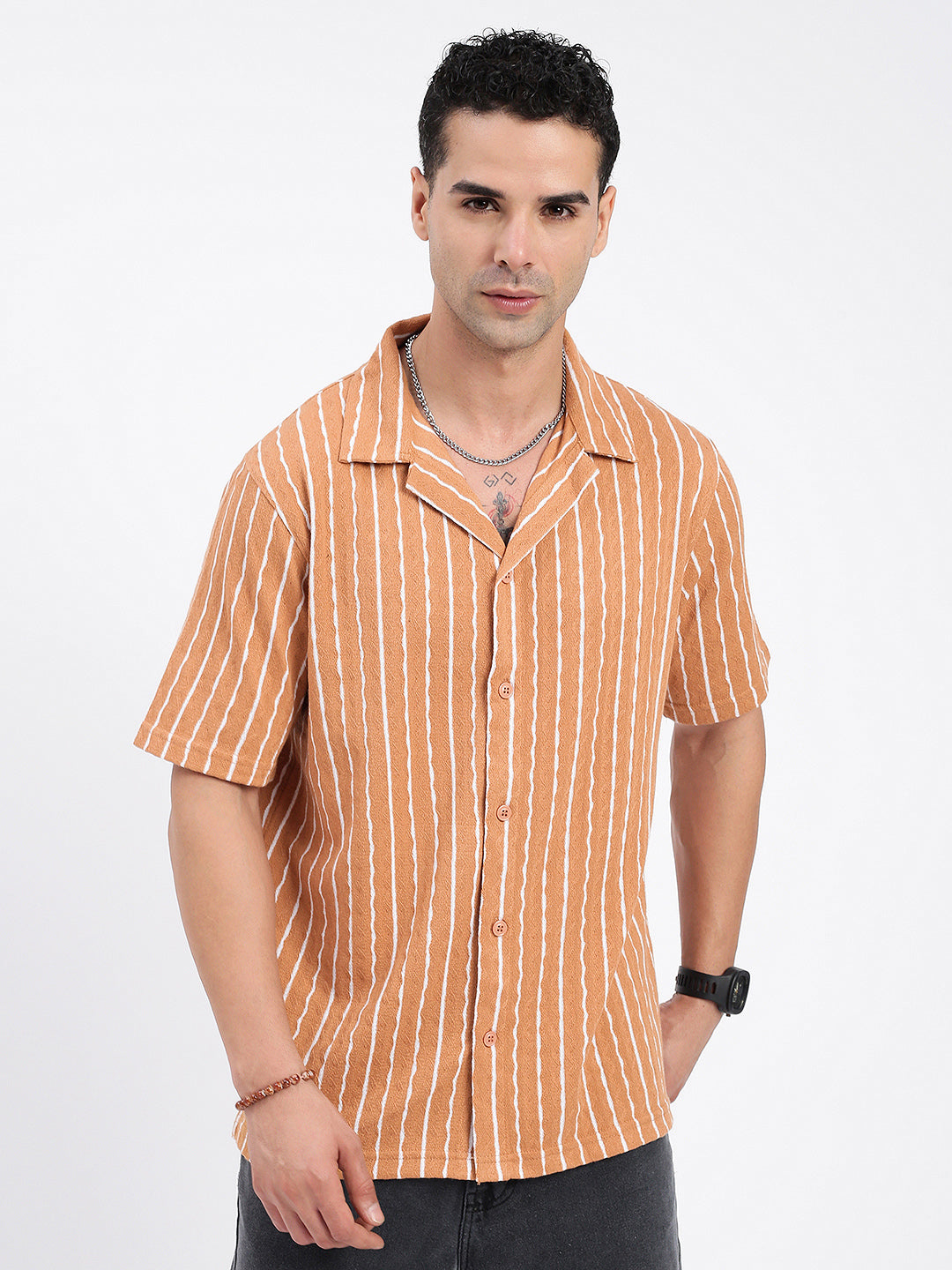 Men Striped Brown Relaxed Fit Shirt