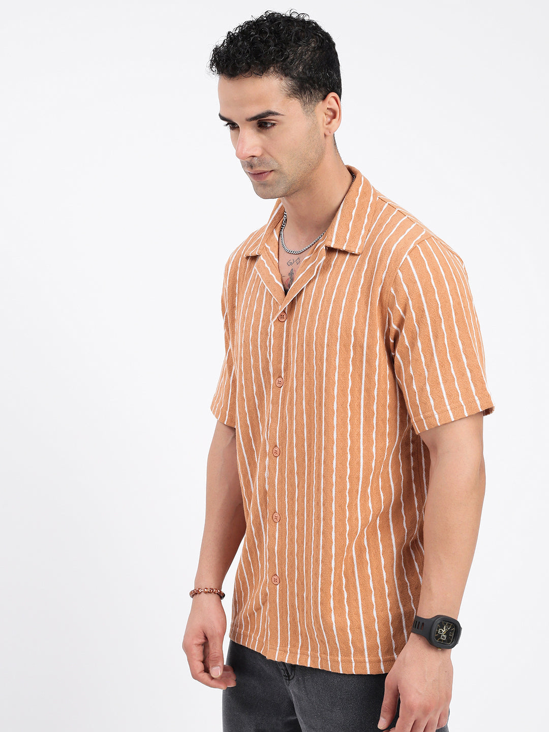 Men Striped Brown Relaxed Fit Shirt