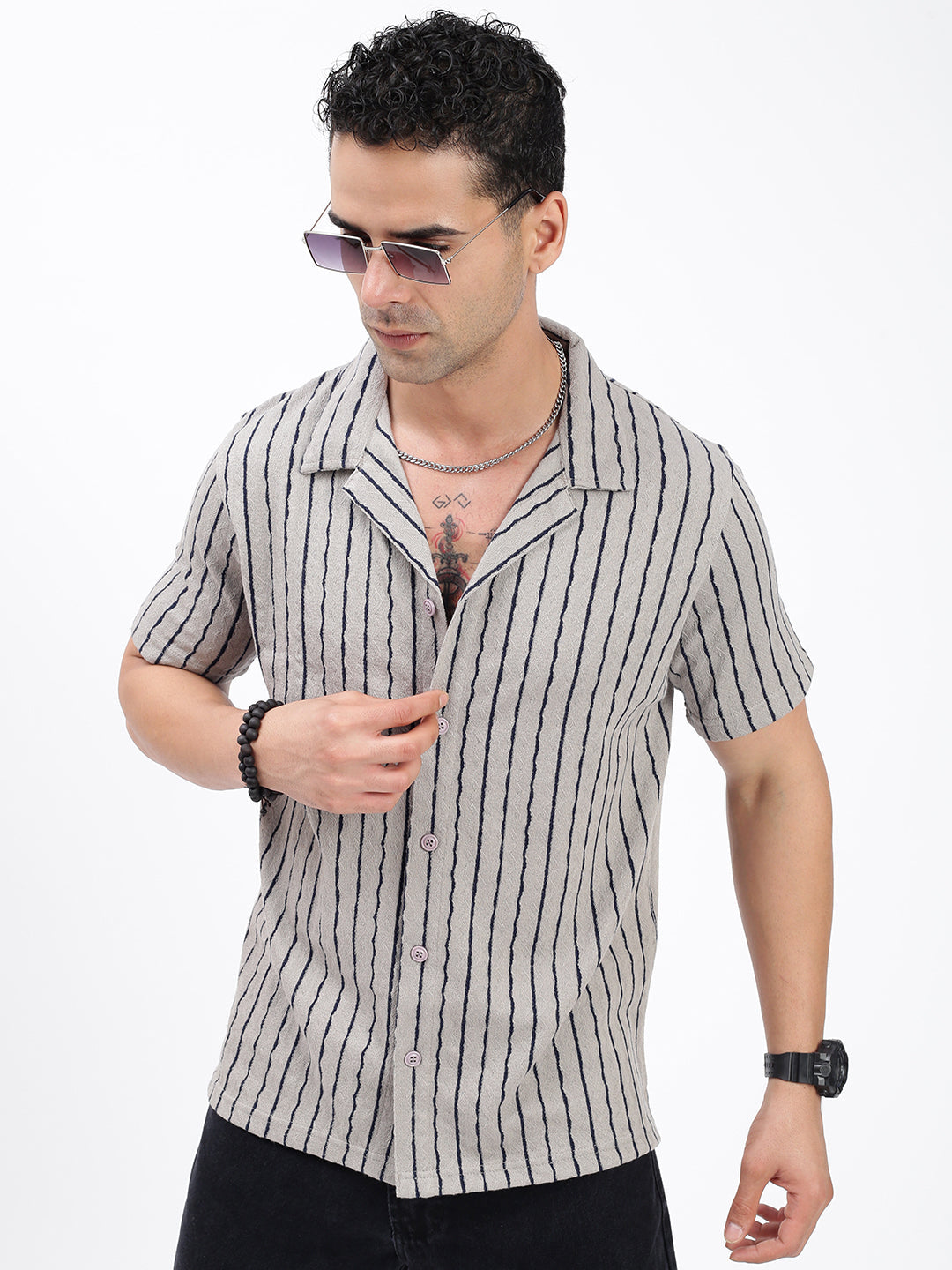 Men Striped Grey Relaxed Fit Shirt