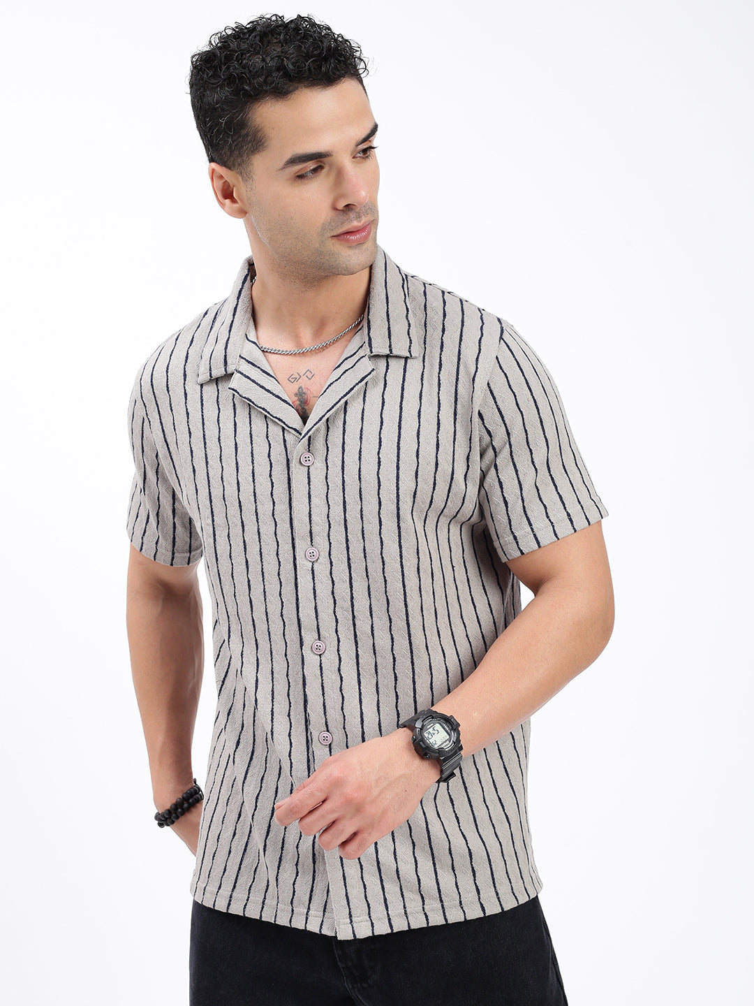 Men Striped Grey Relaxed Fit Shirt