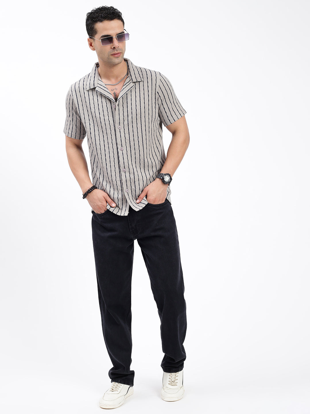 Men Striped Grey Relaxed Fit Shirt