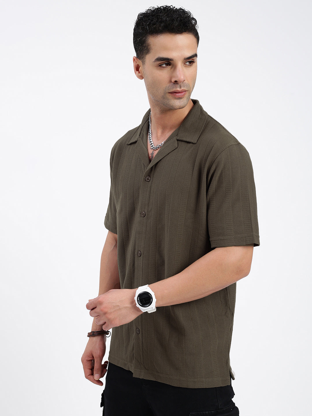 Men Solid Olive Relaxed Fit Shirt