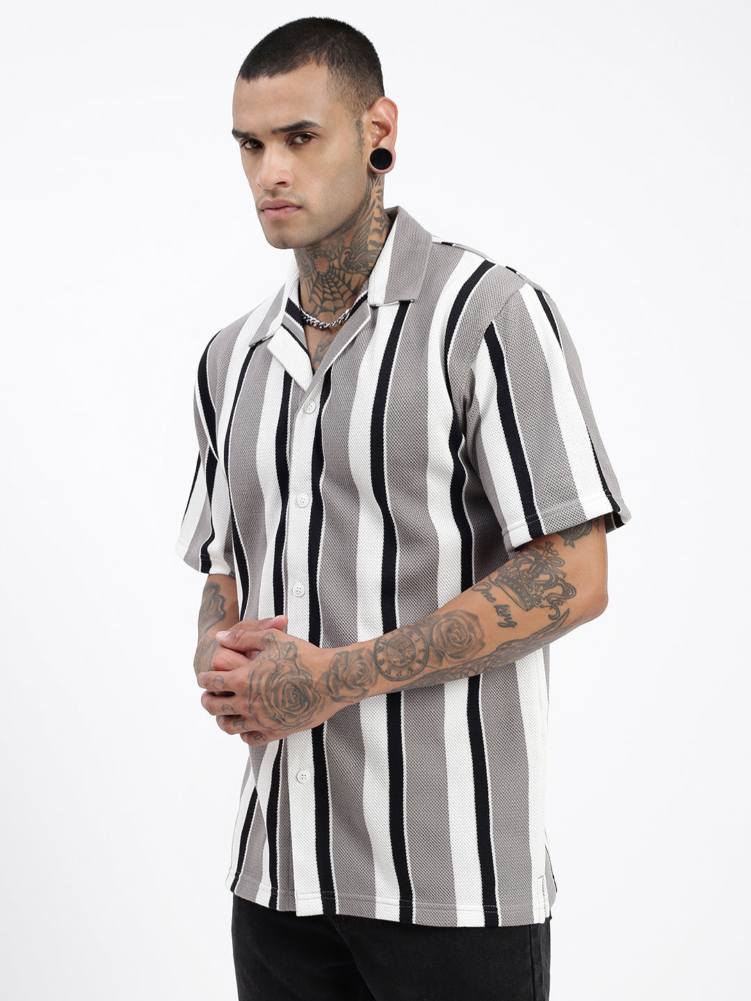 Men Striped Grey Relaxed Fit Shirt