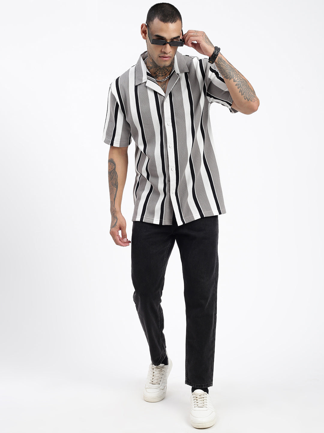 Men Striped Grey Relaxed Fit Shirt