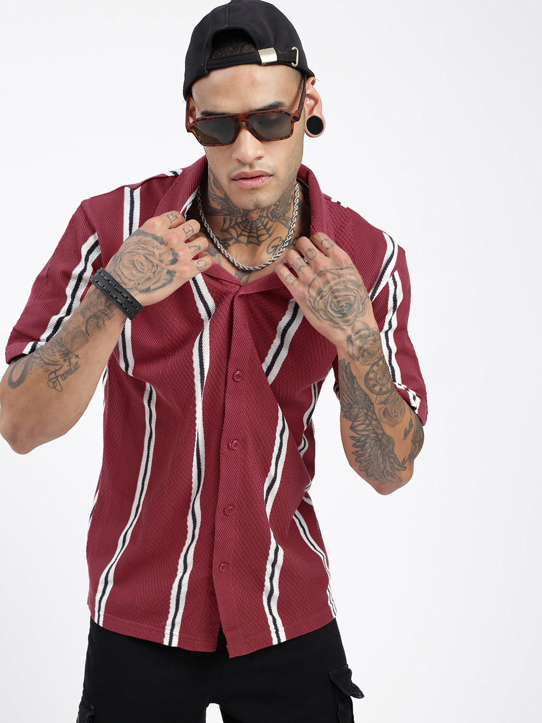 Men Striped Maroon Relaxed Fit Shirt