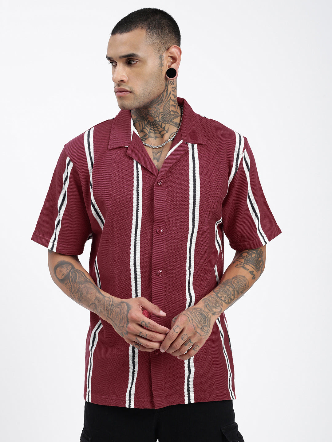 Men Striped Maroon Relaxed Fit Shirt