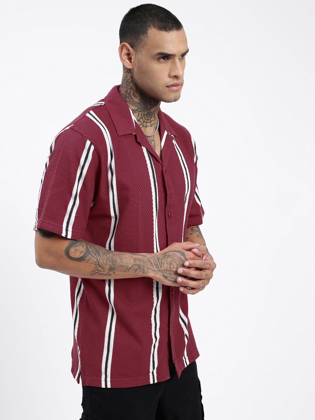 Men Striped Maroon Relaxed Fit Shirt