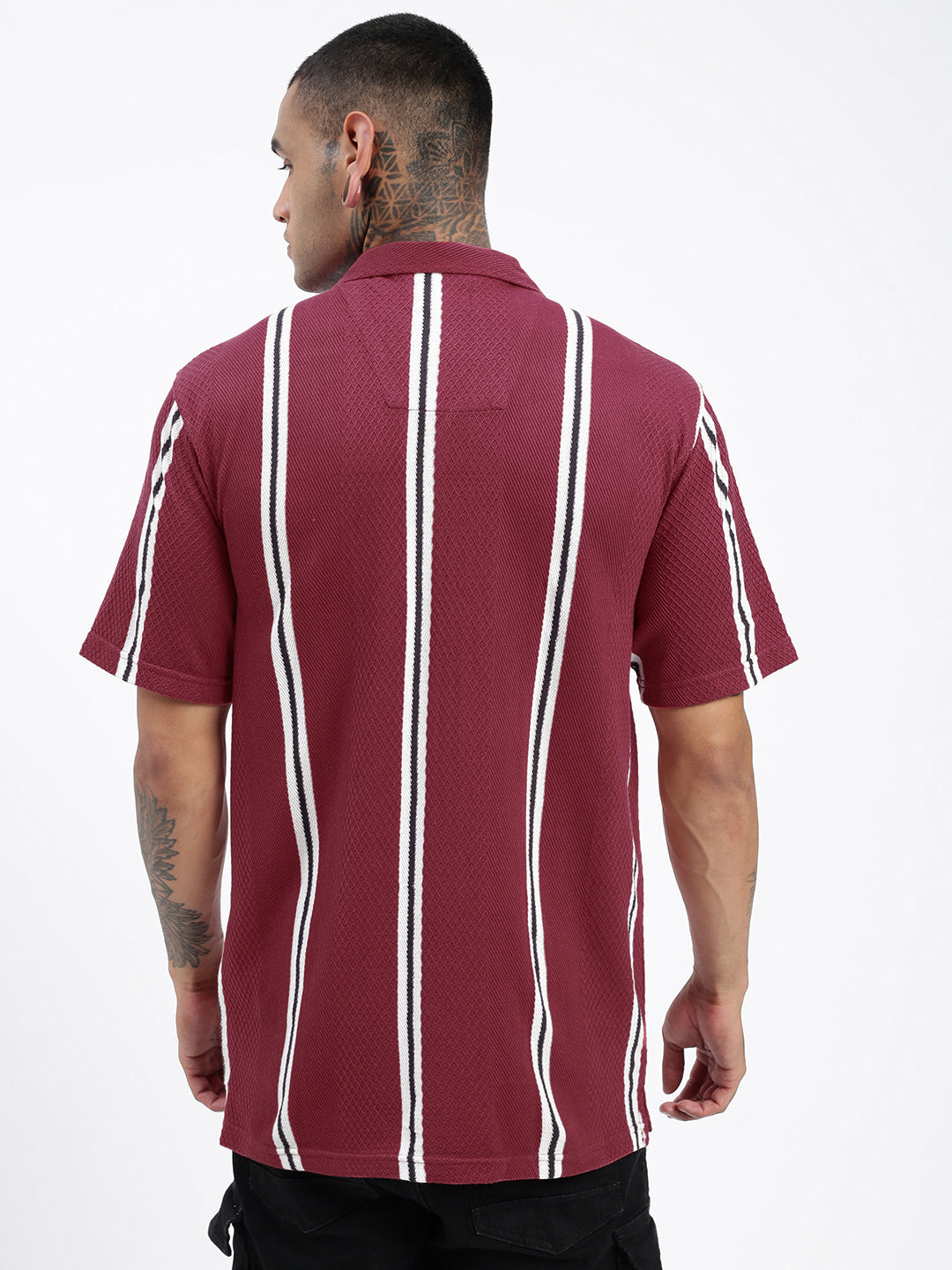 Men Striped Maroon Relaxed Fit Shirt