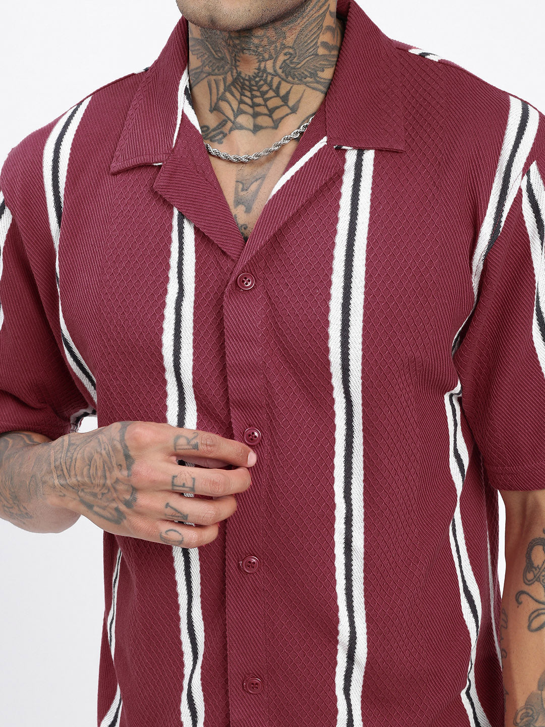 Men Striped Maroon Relaxed Fit Shirt